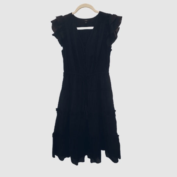 J. Crew Dresses & Skirts - J. Crew Black Pom Pom Ruffled Flutter Sleeve Midi Dress